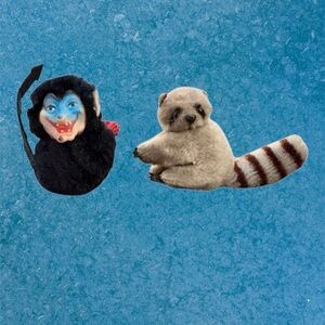 Vintage 80s Clip-On Devil and Racoon Plush Toys